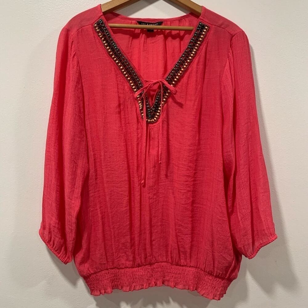 Zac & Rachel Womens Boho Beaded Top Sz XL Pink‎ Peasant Tie Blousy Travel Beachy